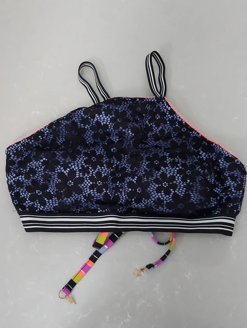 Victorias Secret Crop Top, Size L, Bikini, Black Lace, Colorful Accents